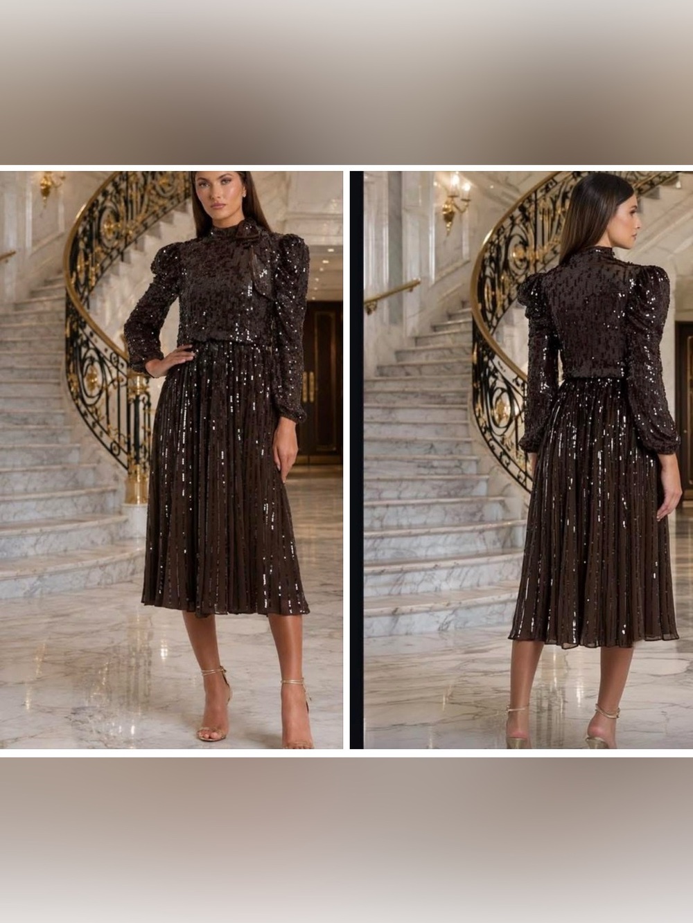 NEW MAC DUGGAL sequin long sleeve tea length dress in dark chocolate